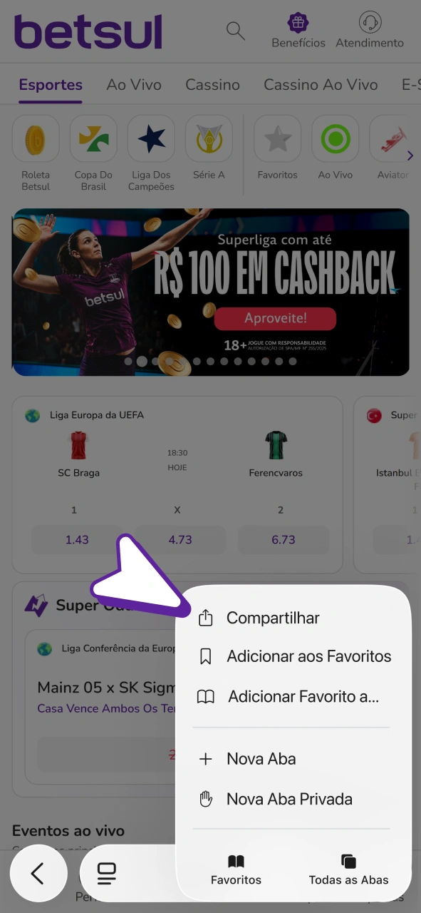 Clique no botão de compartilhar para obter o aplicativo PWA Betsul para iOS.