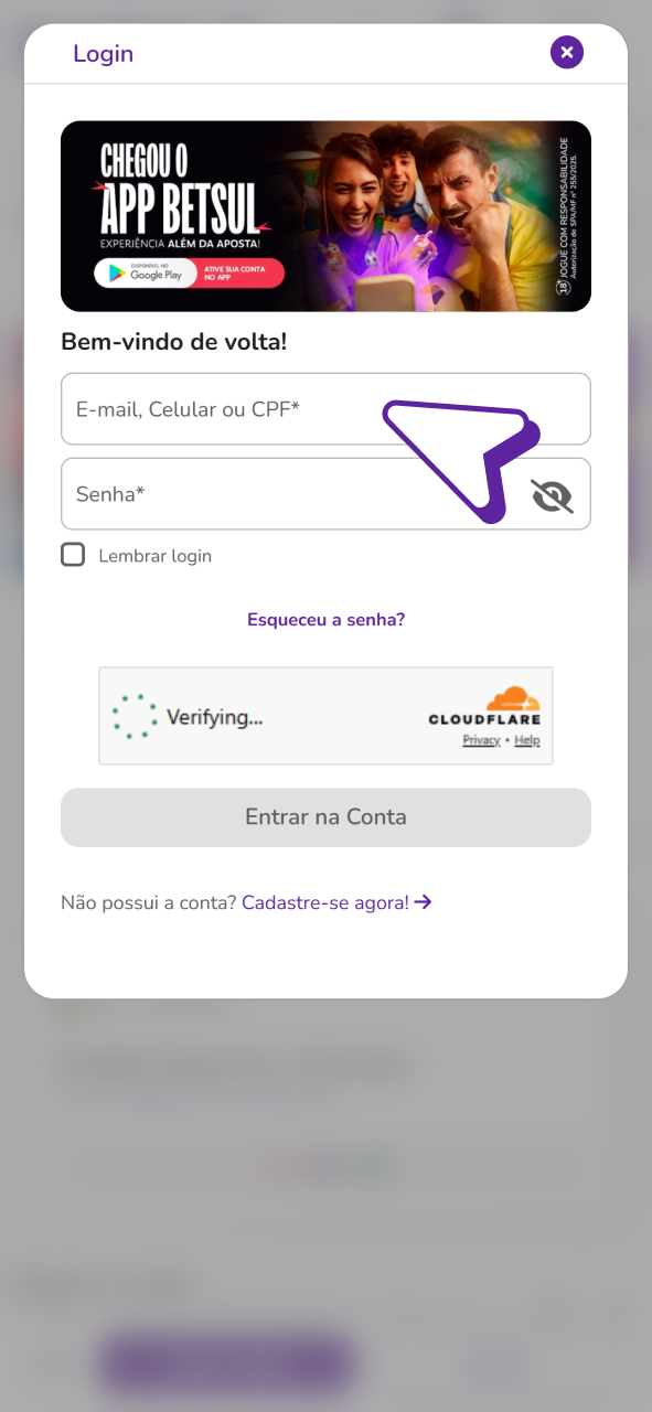 Faça login ou cadastre-se antes de baixar o aplicativo Betsul para iOS.