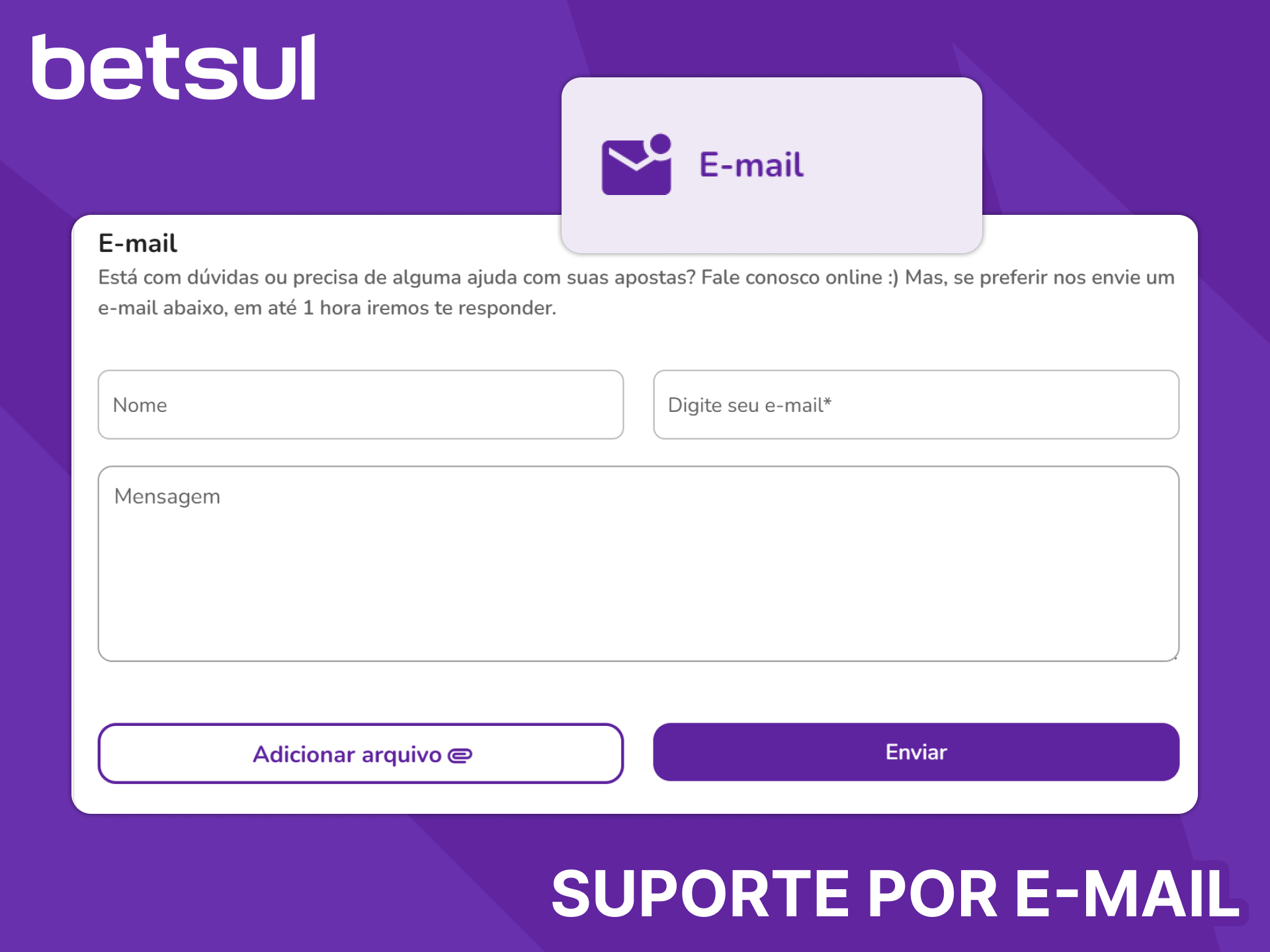 Para qualquer dúvida relacionada a apostas, envie um e-mail para a equipe de suporte da Betsul.