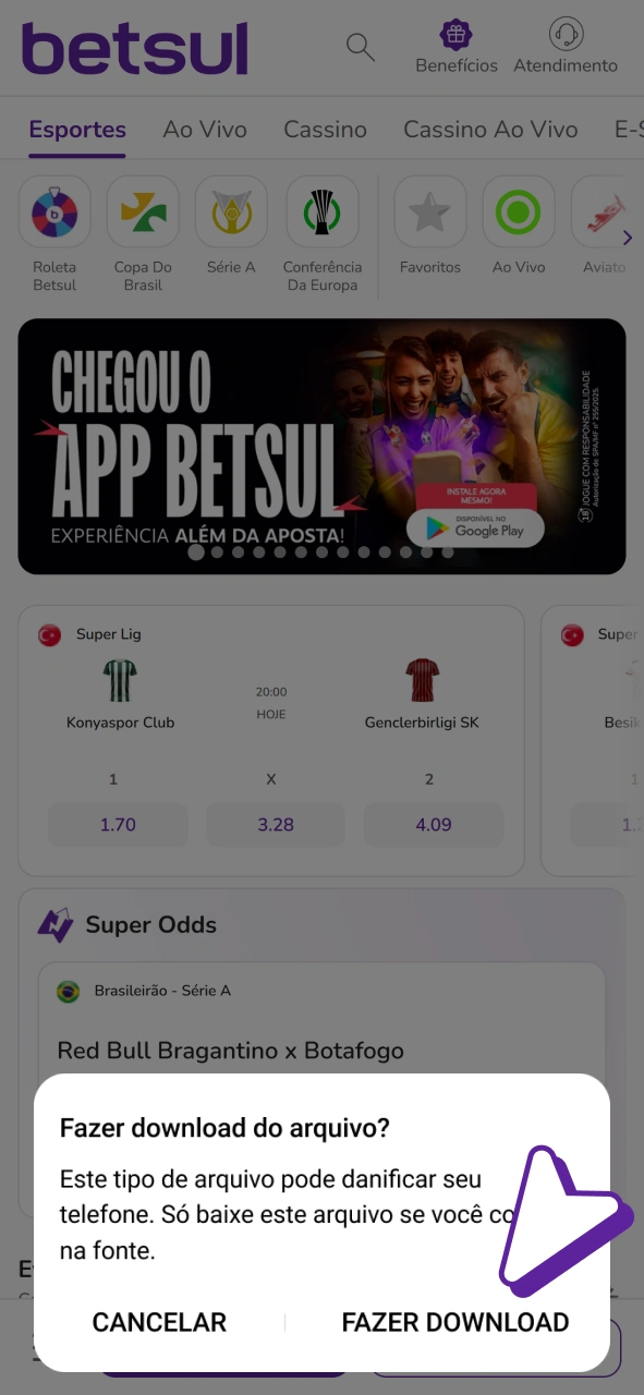 Aceite a mensagem na janela pop-up para obter o aplicativo Betsul para Android.