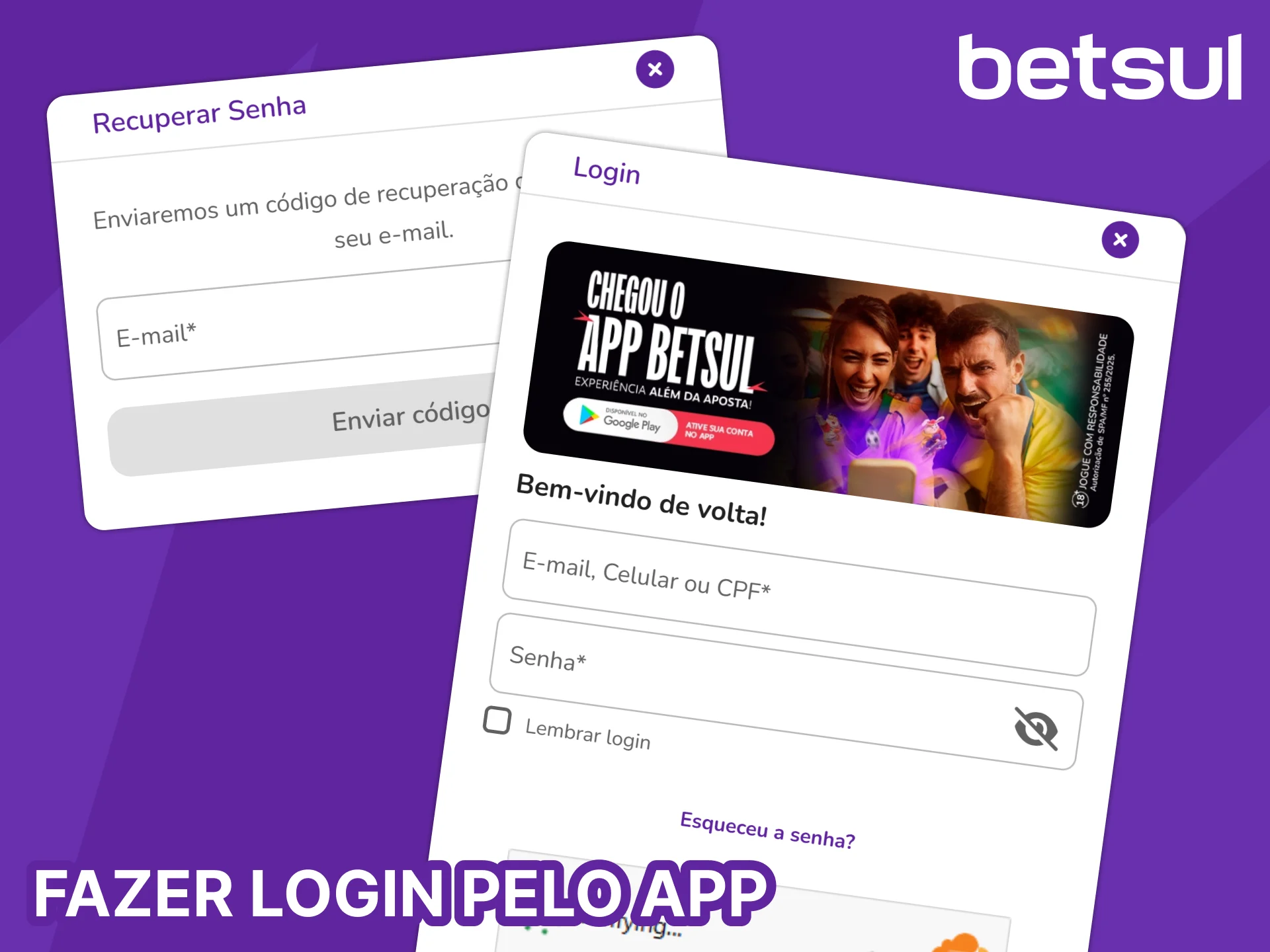 Faça login ou redefina sua senha em instantes no aplicativo Betsul.