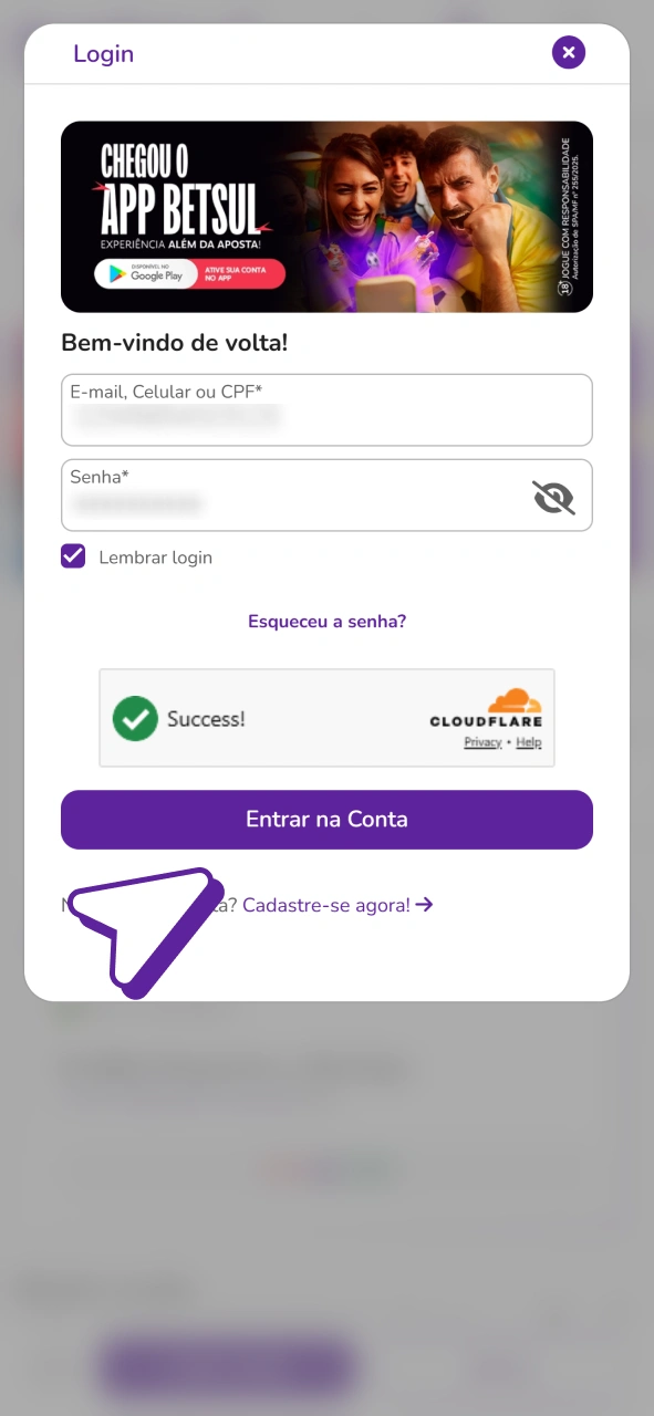 Acesse sua conta no aplicativo Betsul e comece a jogar Aviator.