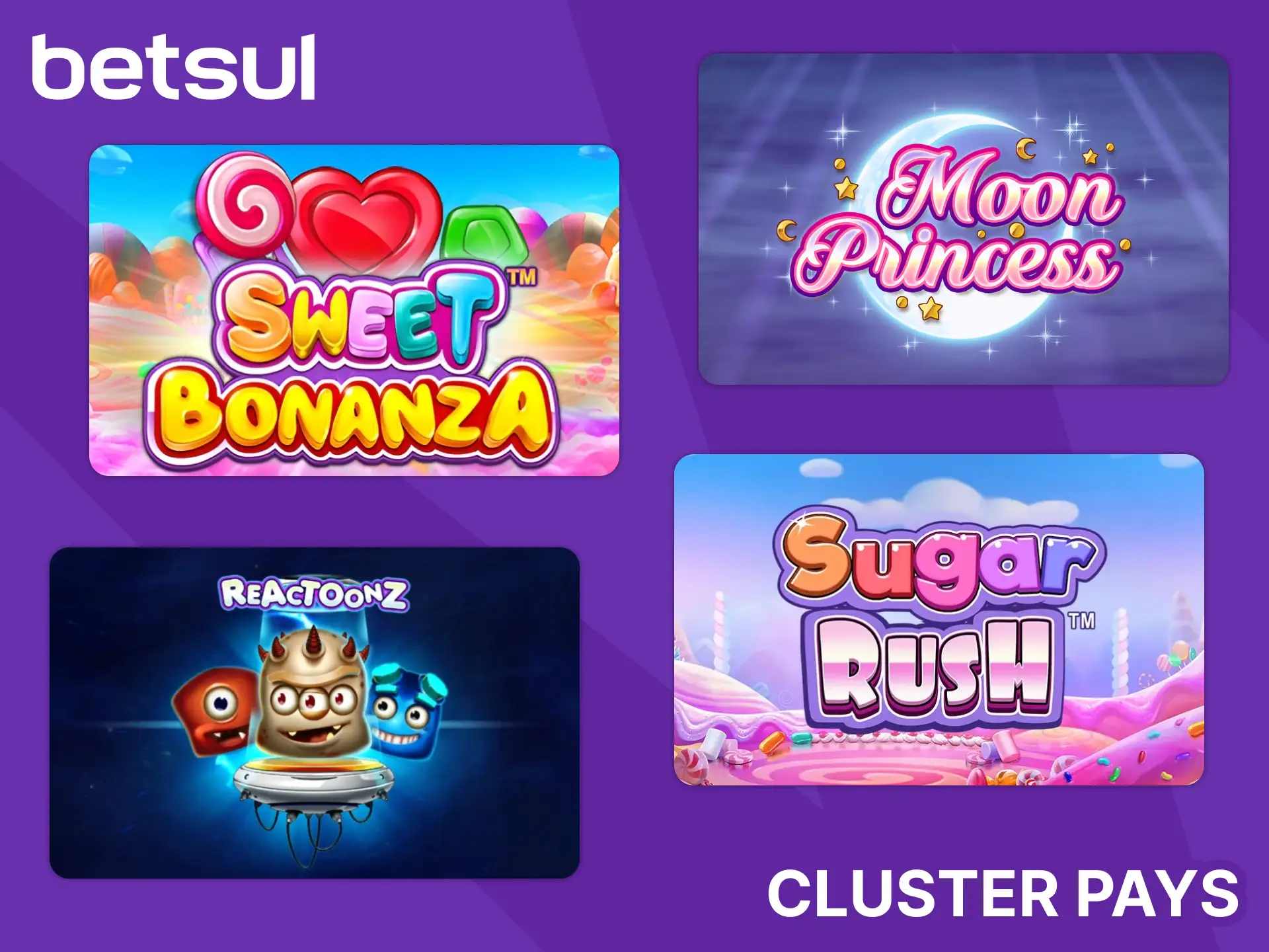 Ganhe agrupando símbolos idênticos nos slots Cluster Pays na Betsul.